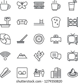 Thin Line Icon Set - passport control vector, tv, luggage storage, coffee, stamp, rake, butterfly, route, railroad, heavy scales, dialog, record, application, office building, stapler, pool, bread