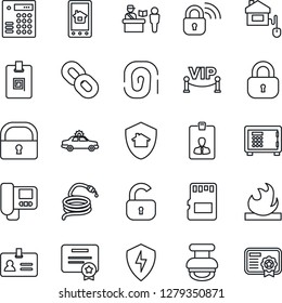 Thin Line Icon Set - passport control vector, alarm car, identity, safe, card, hose, flammable, chain, protect, sd, lock, stamp, vip zone, home, wireless, intercome, app, combination, fingerprint