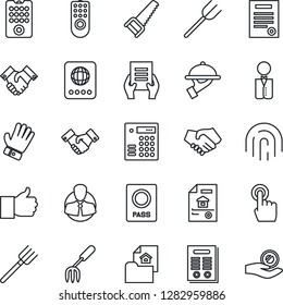 Thin Line Icon Set - passport vector, handshake, document, garden fork, farm, glove, saw, client, touch screen, finger up, fingerprint id, contract, estate, waiter, remote control, combination lock