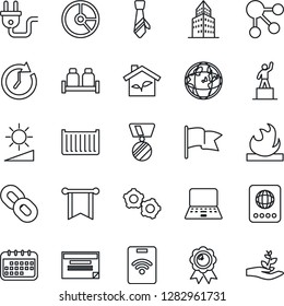 Thin Line Icon Set - passport vector, gear, pedestal, medal, notebook pc, circle chart, cargo container, flammable, chain, brightness, office building, tie, salt and pepper, eco house, power plug