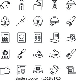 Thin Line Icon Set - passport vector, document, garden fork, farm, glove, saw, client, finger up, contract, estate, waiter, remote control, combination lock, palm sproute, investment
