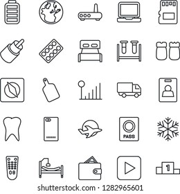 Thin Line Icon Set - passport vector, blood test vial, pills blister, hospital bed, tooth, plane, car delivery, remote control, laptop pc, battery, play button, rca, phone back, sd, compass, bedroom