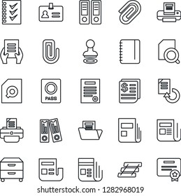 Thin Line Icon Set - passport vector, identity, stamp, office binder, notepad, document, reload, printer, receipt, news, paper clip, folder, search, checklist, tray, archive box, contract