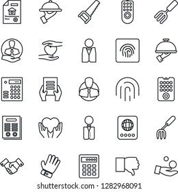 Thin Line Icon Set - passport vector, handshake, document, garden fork, glove, saw, heart hand, client, finger down, fingerprint id, contract, estate, waiter, remote control, combination lock