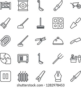 Thin Line Icon Set - passport control vector, safe, trowel, farm fork, rake, wheelbarrow, pruner, saw, hoe, garden knife, oil barrel, rack, pause button, application, paper clip, ink pen, heater