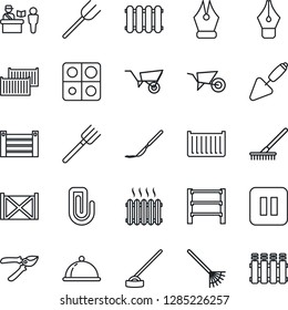 Thin Line Icon Set - passport control vector, trowel, farm fork, rake, wheelbarrow, pruner, hoe, scalpel, cargo container, rack, pause button, application, paper clip, ink pen, heater, dish