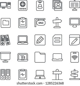 Thin Line Icon Set - passport vector, office binder, notebook pc, document, pulse clipboard, signpost, monitor, laptop, folder, notes, photo gallery, presentation board, sale, pass card, guidepost