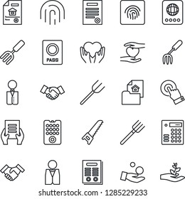Thin Line Icon Set - passport vector, handshake, document, garden fork, farm, saw, heart hand, touch screen, fingerprint id, contract, estate, waiter, remote control, combination lock, investment