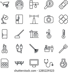 Thin Line Icon Set - passport control vector, farm fork, rake, wheelbarrow, hoe, picnic table, drip irrigation, stethoscope, patch, tomography, office phone, camera, antenna, monitor, rca, sim