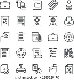 Thin Line Icon Set - passport vector, stamp, contract, office binder, document, reload, printer, news, folder, clipboard, case, paper clip, search, checklist, copier, estate