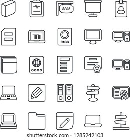 Thin Line Icon Set - passport vector, office binder, notebook pc, document, pulse clipboard, signpost, monitor, folder, notes, presentation board, blank box, sale, pass card, certificate, guidepost
