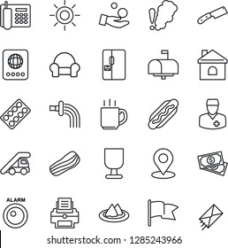 Thin Line Icon Set - passport vector, ladder car, watering, house, sun, pills blister, doctor, cash, fragile, place tag, coffee, office phone, printer, cushioned furniture, fridge, mailbox, bacon