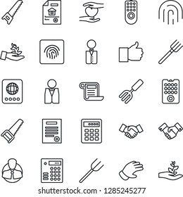 Thin Line Icon Set - passport vector, handshake, garden fork, farm, glove, saw, heart hand, client, finger up, fingerprint id, contract, estate document, waiter, remote control, combination lock