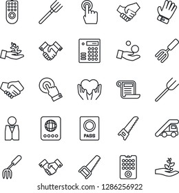 Thin Line Icon Set - passport vector, ladder car, handshake, garden fork, farm, glove, saw, heart hand, touch screen, waiter, remote control, combination lock, palm sproute, investment, contract