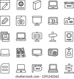 Thin Line Icon Set - passport vector, identity, office binder, notebook pc, document, monitor, laptop, notes, photo gallery, presentation board, blank box, sale, pass card, certificate, guidepost