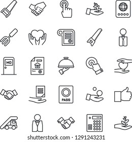 Thin Line Icon Set - passport vector, ladder car, medical room, handshake, document, garden fork, saw, heart hand, touch screen, finger up, estate, waiter, combination lock, palm sproute, investment