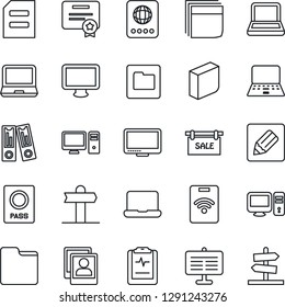 Thin Line Icon Set - passport vector, office binder, notebook pc, document, pulse clipboard, signpost, monitor, laptop, folder, notes, photo gallery, presentation board, blank box, sale, pass card