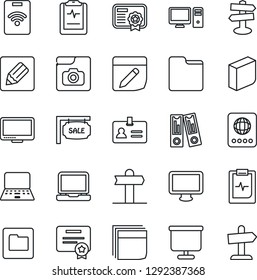 Thin Line Icon Set - passport vector, identity, office binder, notebook pc, pulse clipboard, signpost, monitor, laptop, folder, notes, photo gallery, presentation board, blank box, sale, pass card