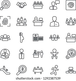 Thin Line Icon Set - passport control vector, escalator, baby, handshake, speaking man, pedestal, meeting, manager place, run, hospital, pregnancy, client, user, fingerprint id, search, waiter