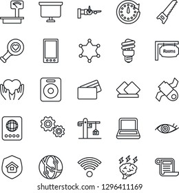 Thin Line Icon Set - passport vector, boarding, presentation board, brainstorm, saw, heart diagnostic, hand, eye, satellite, heavy scales, network, speaker, mobile, notebook pc, rooms, wireless