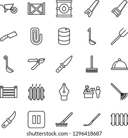 Thin Line Icon Set - passport control vector, farm fork, rake, wheelbarrow, pruner, saw, garden knife, scalpel, container, oil barrel, pause button, paper clip, ink pen, heater, dish, ladle