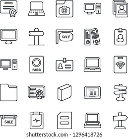 Thin Line Icon Set - passport vector, identity, office binder, notebook pc, document, pulse clipboard, signpost, monitor, laptop, folder, photo gallery, blank box, sale, pass card, certificate