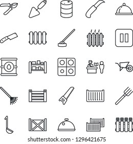 Thin Line Icon Set - passport control vector, trowel, farm fork, rake, wheelbarrow, pruner, saw, hoe, garden knife, cargo container, oil barrel, rack, pause button, application, heater, dish, ladle