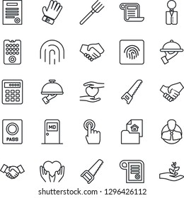 Thin Line Icon Set - passport vector, medical room, handshake, farm fork, glove, saw, heart hand, client, touch screen, fingerprint id, contract, estate document, waiter, remote control