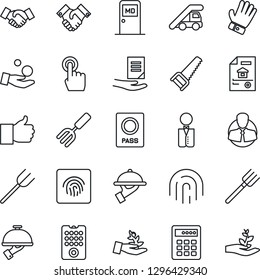 Thin Line Icon Set - passport vector, ladder car, medical room, handshake, document, garden fork, farm, glove, saw, client, touch screen, finger up, fingerprint id, estate, waiter, remote control