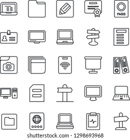 Thin Line Icon Set - passport vector, identity, office binder, notebook pc, document, pulse clipboard, signpost, monitor, laptop, folder, notes, photo gallery, presentation board, blank box