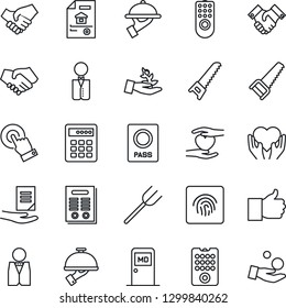 Thin Line Icon Set - passport vector, medical room, document, farm fork, saw, heart hand, touch screen, finger up, fingerprint id, handshake, contract, estate, waiter, remote control, palm sproute