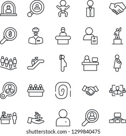 Thin Line Icon Set - passport control vector, escalator, baby, reception, handshake, pedestal, team, meeting, manager place, doctor, patient, pregnancy, user, hr, client search, waiter, fingerprint