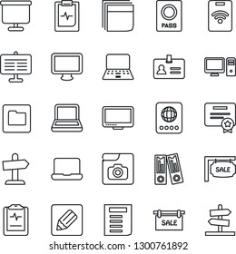 Thin Line Icon Set - passport vector, identity, office binder, notebook pc, document, pulse clipboard, monitor, folder, notes, photo gallery, presentation board, blank box, sale, pass card