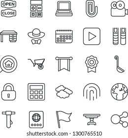 Thin Line Icon Set - passport vector, clouds, calculator, desk, tie, wheelbarrow, earth, term, play button, fingerprint id, video, sertificate, paper clip, notebook pc, book, estate search, lock