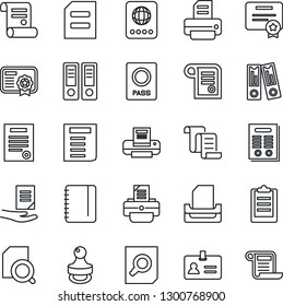 Thin Line Icon Set - passport vector, identity, contract, office binder, document search, notepad, printer, clipboard, paper tray, stamp, certificate