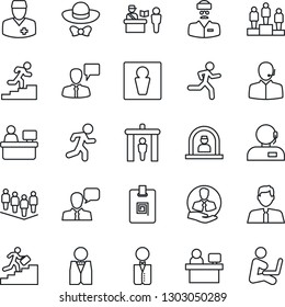 Thin Line Icon Set - passport control vector, security gate, male, reception, speaking man, pedestal, team, manager place, run, doctor, client, speaker, identity card, support, career ladder, waiter
