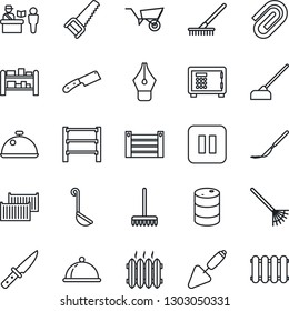Thin Line Icon Set - passport control vector, safe, trowel, rake, wheelbarrow, saw, hoe, scalpel, cargo container, oil barrel, rack, pause button, paper clip, ink pen, heater, dish, ladle, knife