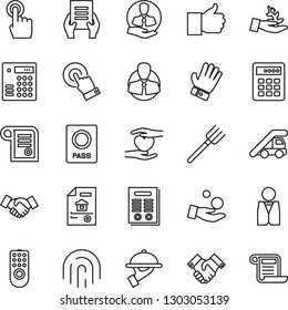 Thin Line Icon Set - passport vector, ladder car, handshake, document, farm fork, glove, heart hand, client, touch screen, finger up, fingerprint id, contract, estate, waiter, remote control