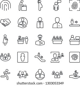 Thin Line Icon Set - passport control vector, escalator, male, baby room, speaking man, team, meeting, manager place, run, doctor, pregnancy, client, user, fingerprint id, company, hr, waiter