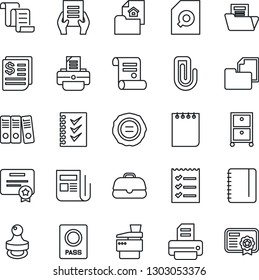 Thin Line Icon Set - passport vector, contract, notepad, document, stamp, printer, receipt, folder, news, paper clip, search, checklist, binder, archive box, copier, estate, case, certificate