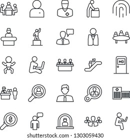 Thin Line Icon Set - passport control vector, escalator, baby, room, reception, medical, speaking man, pedestal, meeting, hospital, doctor, user, fingerprint id, estate agent, waiter, group, money