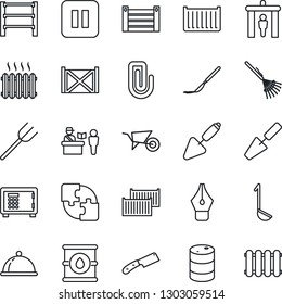 Thin Line Icon Set - passport control vector, security gate, safe, trowel, farm fork, rake, wheelbarrow, scalpel, cargo container, oil barrel, rack, pause button, application, paper clip, ink pen