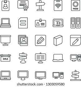 Thin Line Icon Set - passport vector, identity, office binder, notebook pc, document, signpost, monitor, laptop, notes, photo gallery, presentation board, blank box, sale, pass card, certificate