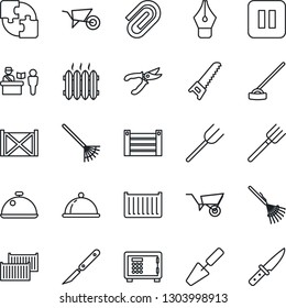 Thin Line Icon Set - passport control vector, safe, trowel, farm fork, rake, wheelbarrow, pruner, saw, hoe, scalpel, cargo container, pause button, application, paper clip, ink pen, heater, dish