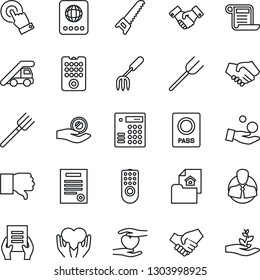 Thin Line Icon Set - passport vector, ladder car, handshake, document, garden fork, farm, saw, heart hand, client, touch screen, finger down, contract, estate, remote control, combination lock