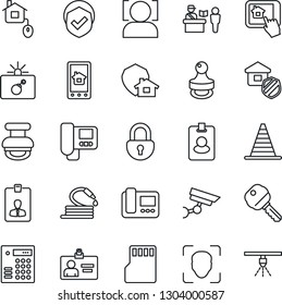 Thin Line Icon Set - passport control vector, bomb in case, border cone, identity card, hose, shield, sd, lock, face id, stamp, key, estate insurance, home, intercome, app, protect, combination