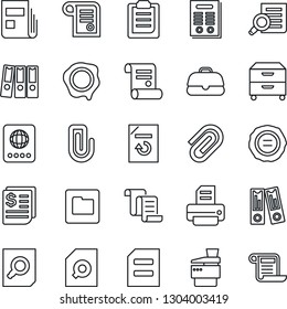 Thin Line Icon Set - passport vector, contract, office binder, document search, reload, stamp, printer, receipt, folder, clipboard, paper clip, news, archive box, copier, case