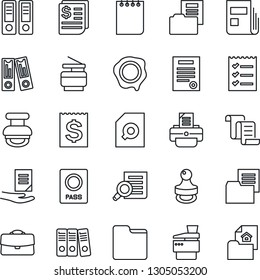 Thin Line Icon Set - passport vector, contract, office binder, document search, notepad, stamp, printer, receipt, folder, case, news, checklist, paper, copier, estate
