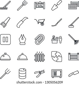 Thin Line Icon Set - passport control vector, safe, trowel, farm fork, rake, wheelbarrow, pruner, saw, hoe, garden knife, scalpel, cargo container, oil barrel, rack, pause button, application, dish