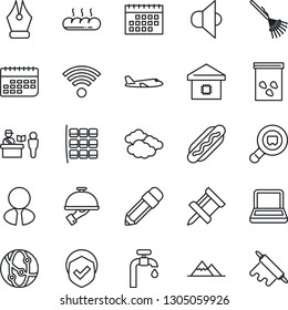 Thin Line Icon Set - passport control vector, clouds, plane, seat map, rake, seeds, term, shield, search cargo, speaker, network, calendar, drawing pin, ink pen, notebook pc, pencil, water supply